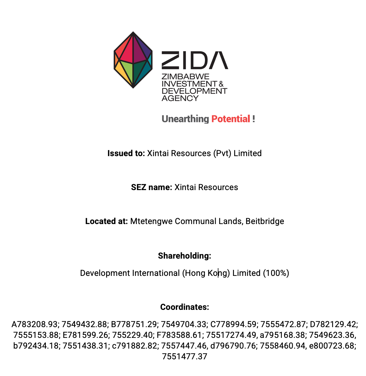 Xintai Resources Operator Permit – ZIDA Invest